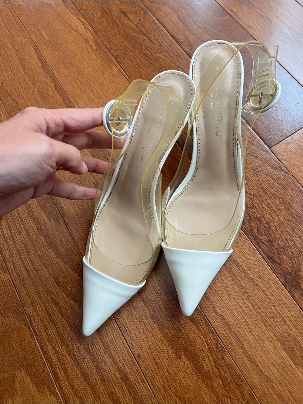 Gianvito Rossi White Pointed-Toe Slingback Heels with Clear PVC Strap